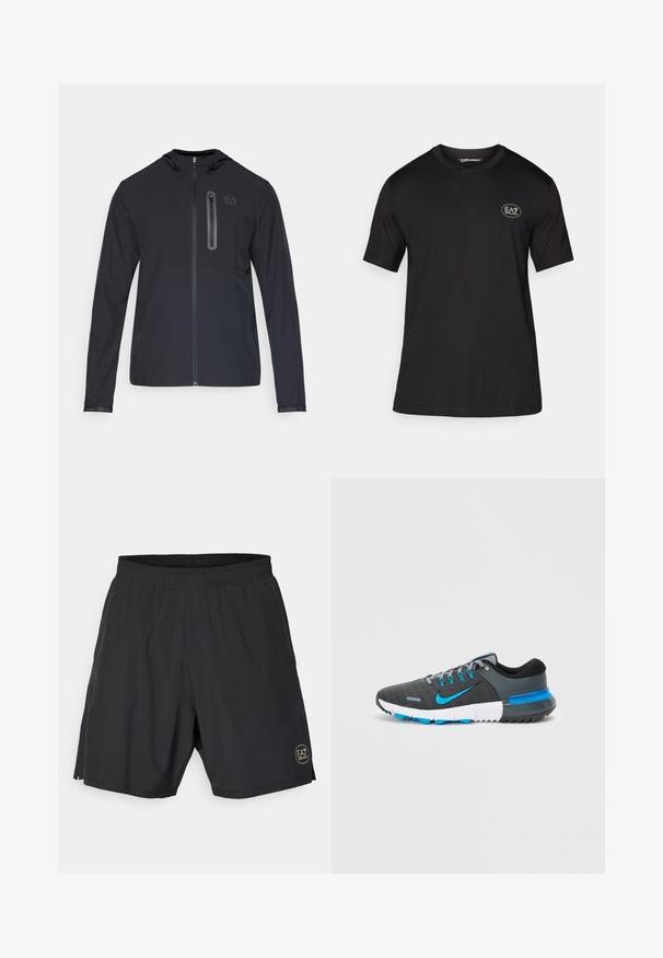 Crna lagana jakna s kapuljačom, punim prednjim zatvaračem i okomitim zatvaračem na lijevoj strani prsnog dijela, koja ima mali kružni logo.; Crna majica kratkih rukava od mekanog materijala, s okruglim izrezom i malim bijelim logotipom na lijevoj strani prsnog područja.; Crne atletske kratke hlače od laganog materijala, s elastičnim pojasom i zlatnim kružnim logoom na donjoj desnoj strani.; Sivi atletski tenisica s teksturiranim gornjim dijelom, plavim naglascima, crnim ovratnikom, bijelim srednjim dijelom i uzorkovanim potplatom. Dizajniran za udobnost i potporu.