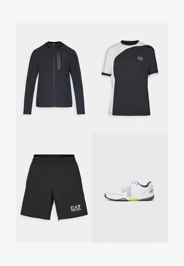 Jachetă ușoară neagră cu glugă, dotată cu fermoar pe toată lungimea frontală și un buzunar vertical cu fermoar pe pieptul stâng, având un mic logo circular.; Tricou cu mânecă scurtă, având un design bicolor în alb și negru, cu o textură fină și un logo EA7 pe față.; Șorturi atletice negre dintr-un material ușor, cu un brâu elastic. Prezintă logo-ul alb EA7 în partea dreaptă jos.; Pantofii sport albi cu accente negre și detalii gri. Au un superior texturat, șireturi și un segment al tălpii de un galben strălucitor.