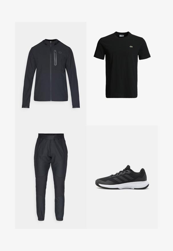 Čierna ľahká bunda s kapucňou, so zipsom po celej dĺžke na prednej strane a vertikálnou zipsovou vreckom na ľavej hrudi, s malým kruhovým logom.; Čierne bavlnené tričko s okrúhlym výstrihom, krátkymi rukávmi a malým zeleným logo krokodíla na ľavej hrudi. Hladká textúra, ležérny dizajn.; Čierne športové nohavice so zúženými nohavicami, elastickým pásom a kontrastnými textúrovanými panelmi. Obsahujú logo na zakončeniach nohavíc.; Čierna atletická topánka s textúrovaným zvrškom, s tromi horizontálnymi pruhmi a bielou podrážkou s vzorovaným profilom. Ľahký a aerodynamický dizajn.