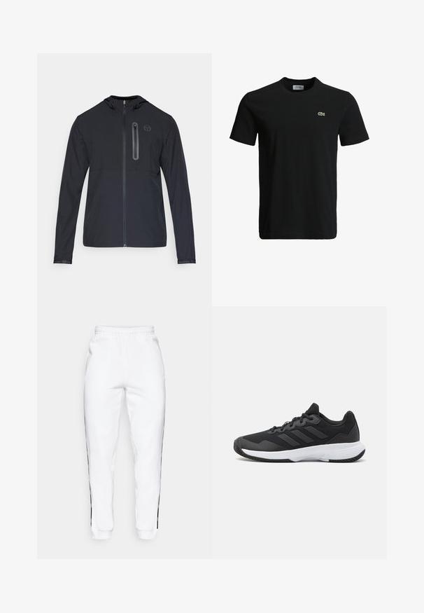 Black lightweight hooded jacket with full front zipper and vertical zip pocket on the left chest, featuring a small circular logo.; Black cotton t-shirt with a crew neck, short sleeves, and a small green crocodile logo on the left chest. Smooth texture, casual design.; White sweatpants with elastic waistband, featuring black side stripes and cuffs. Made from soft fabric with a smooth texture.; Black athletic shoe featuring a textured upper, three horizontal stripes, and a white sole with a patterned tread. Lightweight and streamlined design.