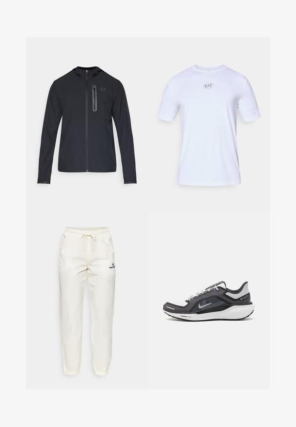 Čierna ľahká bunda s kapucňou, so zipsom po celej dĺžke na prednej strane a vertikálnou zipsovou vreckom na ľavej hrudi, s malým kruhovým logom.; Biele krátke športové tričko s krátkym rukávom vyrobené z ľahkej, priedušnej sieťoviny. Má okrúhly výstrih a kruhové logo EA7 na hrudi.; Krémové, ľahké nohavice z textílie s elastickým pásom a šnúrkou. Majú zúžené nohavice a malé čierne logo.; Čierna a sivá športová obuv s vrchnou časťou z priedušného materiálu, reflexné akcenty a biely medzipodrážka. Obsahuje štruktúrovanú gumovú podrážku a šnúrky.