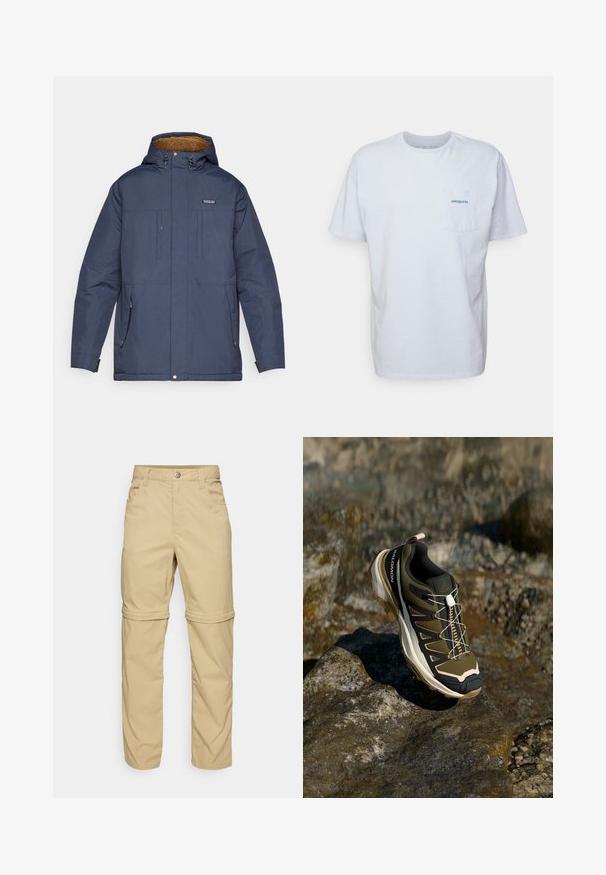 Tamsiai mėlyna šaltiems orams skirta striukė su pūkine gobtuvu, priekinėmis kišenėmis ir užtrauktuku. Ypatingai tvirta įranga ir laisvas kirpimas.; Balta medvilninė marškinėliai su trumpomis rankovėmis, apvaliu kaklu ir kairėje krūtinės pusėje esančia kišenėle, turinčia mėlyną "Patagonia" logotipą. Klasikinis siluetas su lygiu paviršiumi.; Šviesiai rudos kelnių su užtrauktuku, turinčių lygų paviršių, su dviem šoninėmis kišenėmis, mygtuko uždarymu ir sukabinamais kelnių galais, kad būtų galima naudoti įvairiai.; Žygio batai olivų žalios ir juodos spalvos su rožiniais akcentais. Turi tekstūruotą viršutinę dalį, lankstų pado tipą, sustiprintą pirštų dalį ir spalvingą raištelių sistemą.