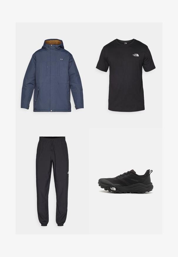 Casaco isolado azul-marinho com capuz forrado a pelo, bolsos frontais e fecho com zíper. Apresenta ferragens robustas e um corte descontraído.; T-shirt preto de manga curta feito de algodão, com um decote redondo e um pequeno logótipo branco na parte superior esquerda do peito.; Calças atléticas pretas feitas de tecido leve, com um cós ajustável por cordão, bolsos laterais e punhos afunilados nos tornozelos.; Sapatilha de trail running preta com um upper texturizado, sola de borracha e biqueira reforçada. Possui um colarinho acolchoado e uma alça para facilitar o calçar.