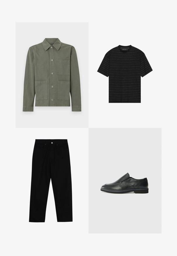 Olivno zelena jakna iz bombaža, z izostrenim ovratnikom, gumbom za zapiranje in dvema sprednjima žepoma. Gladka tekstura, sproščen dizajn.; Črna majica s kratkimi rokavi, ki ima tanke bele vodoravne črte. Narejena je iz mehke tkanine, ima okroglo ovratnico in sproščen kroj.; Črne denim hlače z ravnim krojem, petimi žepi in sprednjim gumbom. Gladka tekstura z minimalnimi šivi.; Črne usnjene natikače z gladkim zgornjim delom, prišitimi detajli, zaobljenim nosom in nizkim gumijastim petkom. Podplat ima minimalen profil.