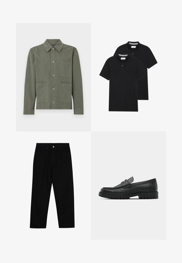 Oliivroheline puuvillane jakk, millel on terav krae, nööpide sulgemine ja kaks ees olevat taskut. Sile tekstuur, vabaaja disain.; Kaks musta polo särki, lühikeste varrukatega, puuvillane materjal, klassikalise kraega, kahe nupuga kinnitusega, valgete triipudega krae sisepinnal.; Mustadest denimist püksid, millel on sirge jalg, viie tasku disain ja eesnupuga sulgur. Sile tekstuur koos minimaalsete õmblustega.; Mustad musta nahast loafers, millel on ümar varvas, tikandiga disain, madal platvorm-soon ja tekstureeritud, soonikkummist välistald.