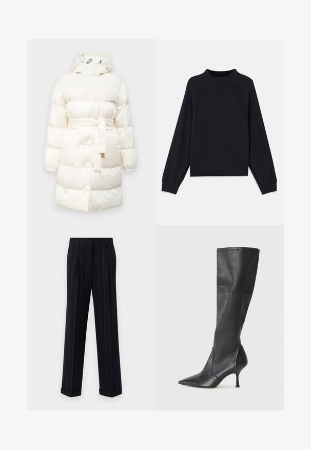 Balta pūkinė striukė su gobtuvu, pasižyminti diržu juosmens srityje, raukšlėtomis detalėmis ir spragtukais. Lygi, blizganti tekstūra su siuvinėjimo raštu.; Tamsiai mėlynas megztukas su apvaliu iškirpimu, ilgomis raglan rankovėmis, rausvais rankogaliais ir tiesiu apatine dalimi. Pagamintas iš minkštos, tekstūruotos megztos medžiagos.; Juodi smėliniai kelnes su pritaikytu siluetu, su manžetėmis ir priekinėmis klostėmis. Pagaminta iš lygaus audinio su struktūrizuotu dizainu.; Juodų odinių batų iki kelių su smailiu pirštu ir plonu stiletto kulnu. Lygus paviršius, pritaikytas dizainas ir siuvimas viršutiniame krašte.