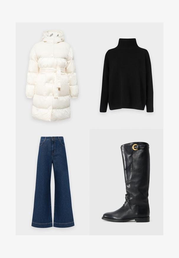 Geacă puffer albă cu glugă, având talie croituri, accente cu nervuri și nasturi cu capsenă. Textură netedă și lucioasă, cu un model matlasat.; Pulover negru tricotat, cu guler înalt cu dungi groase, umeri lăsați și croială lejeră. Are manșete și tiv cu dungi groase pentru textură.; Jeans din denim albastru cu picioare largi și talie înaltă, având închidere cu buton, bucle pentru curea și detalii discrete de cusut pe buzunare și la tivuri.; Cizme negre din piele, până la genunchi, cu vârful rotund, șireturi în față, detalii laterale și o cataramă aurie în partea de sus. Textură netedă.