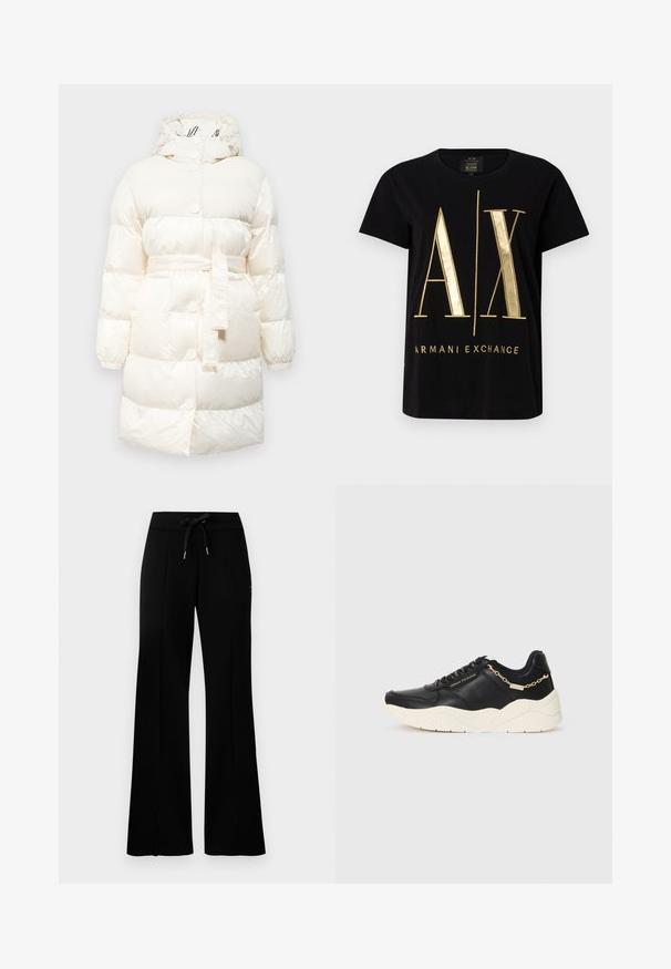Balts pūkains mētelis ar kapuci, ar jostu viduklī, ar ribotām akcentēm un spiedpogu aizdari. Gluda, spīdīga faktūra ar izšūtu rakstu.; Melna kokvilnas T-krekls ar izteiksmīgu zeltainu "A/X" logotipu un "ARMANI EXCHANGE" tekstu, īsām piedurknēm, apaļu apkakli, gludu tekstūru.; Melnas platās svārku bikses ar sašūtu jostu, sānu iegriezumiem, mīkstu audumu un glītu dizainu.; Melnas ādas skriešanas kurpes ar masīvu krēmu krāsas zoli, zeltainu ķēdes akcentu un melnām šņorēm. Gluda tekstūra ar iepriekš iespiestu zīmolu uz sāniem.