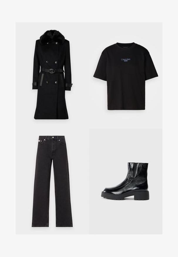 Zwarte dubbel-breasted jas met een nepbont kraag, leren accenten en een riem met een ronde gesp. Gemaakt van een gestructureerde stof.; Zwart katoenen T-shirt met ronde hals, korte mouwen en blauw geborduurd "Calvin Klein JEANS" logo op de voorkant.; Zwarte wijde spijkerbroeken van denim, met een hoge taille, vijf-pocket stijl en een metalen knoopsluiting met contrasterende stiksels.; Zwarte enkellaarsjes met een glanzende lakleren afwerking, chunky zwarte rubberen zool en verhoogde hak; inclusief subtiele logo-detail aan de zijkant.