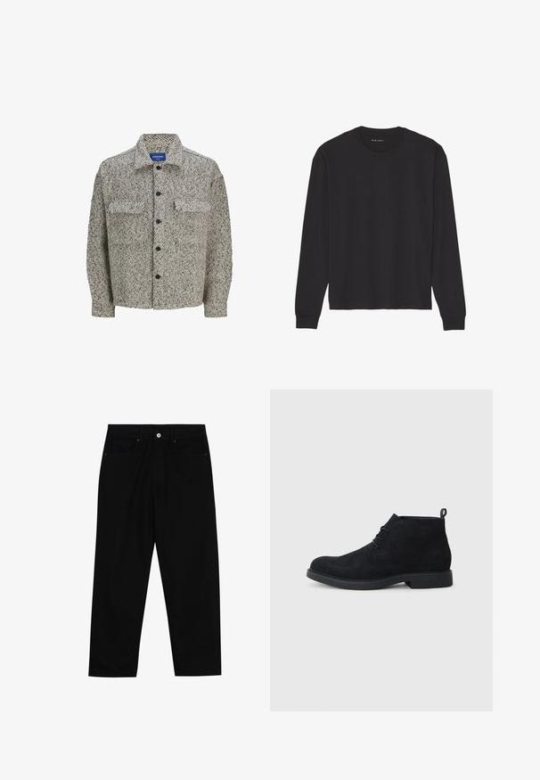 Texturovaná košile s náprsenkou v hnědých a krémových tónech, klasickým límcem, zapínáním na knoflíky a dvěma předními kapsami. Má dlouhé rukávy.; Černé tričko s dlouhým rukávem vyrobené z měkké bavlny. Má kulatý výstřih a žebrované manžety, uvolněný střih a neobsahuje žádné vzory ani grafiku.; Černé džíny s rovně střiženými nohavicemi, designem pěti kapes a předním zapínáním na knoflík. Hladký povrch s minimem švových detailů.; Černé semišové kotníkové boty s kulatou špičkou, šněrováním a texturovanou gumovou podrážkou. Na zadní straně mají malou poutko.