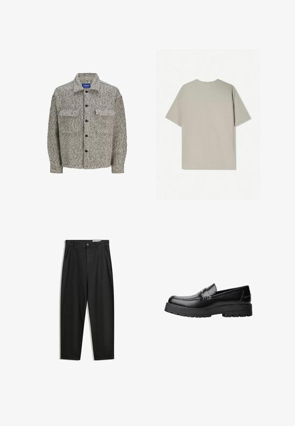 Textúrás, barna és krém mintás ingdzseki klasszikus gallérral, gombos záródással és két elülső zsebbel. Hosszú ujjak jellemzik.; Beige színű pamut póló rövid ujjakkal. Egyszerű dizájn jellemzi, kerek nyakkivágással. Simább textúrája van, minimális varrással a hátsó részen.; Fekete pamut nadrág laza szabással, klasszikus derékrésszel, elülső hajtásokkal és oldalsó zsebekkel. Simább textúra minta nélkül.; Fekete bőr loaferek vastag, bordázott talppal és díszcsíkkal az upper rész felett, bal oldali profilmódban, fehér háttér előtt.