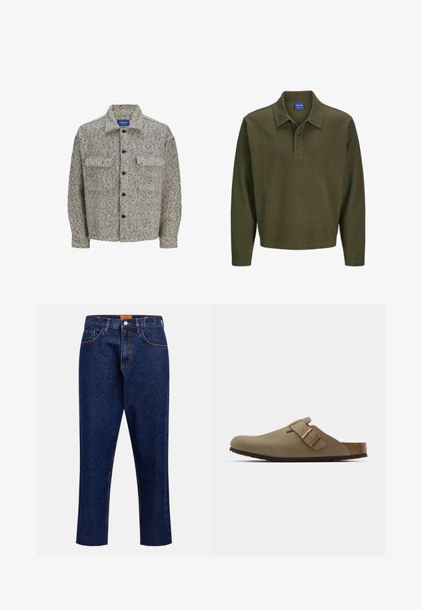 Textureret skjortejakke i brun og kremfarvet mønster med klassisk krave, knaplukning og to frontlommer. Har lange ærmer.; Olivengrøn langærmet polo skjorte lavet af tekstureret stof. Har en krave, tre-knaps placket og en afslappet pasform.; Mørkeblå denimjeans med lige snit, høj talje, fem lommer og frynset kant. Kontrastsyning og detalje med knaplukning.; Brune træskor med en glat, mat finish. Har en fremtrædende bronze spænde på siden. Korkfodbed og gummisål for komfort.