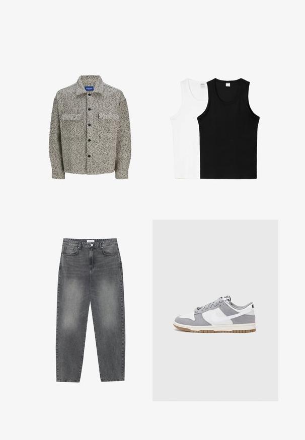 Giacca camicia con motivo texturizzato marrone e crema, colletto classico, chiusura a bottoni e due tasche frontali. Presenta maniche lunghe.; Due canottiere senza maniche: una bianca e una nera, realizzate in cotone morbido, con colli rotondi e senza motivi o accessori visibili.; Jeans a vita alta, dal taglio ampio in denim nero sbiadito. Presentano cinque tasche, passanti per cintura e un design dritto e pulito.; Sneaker grigia e bianca con tomaia in suede e pelle, punta arrotondata, lacci piatti e soletta in gomma con un accento color caramello.