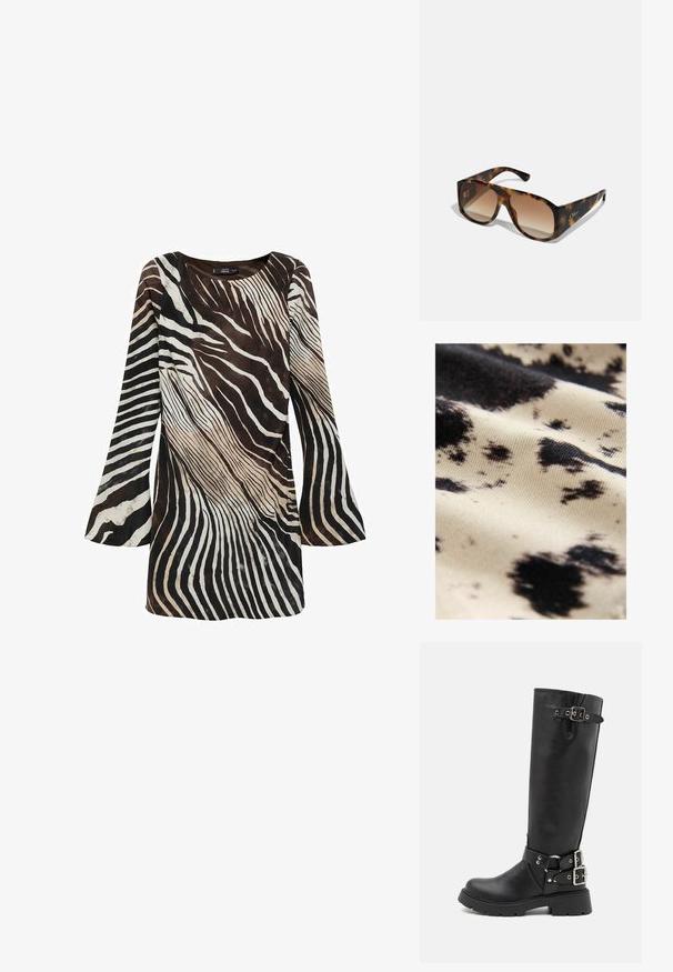 Puuvillakangas, jossa on kermaisa pohja ja epäsäännöllisiä mustia laikkuja; sileä pinta, jossa on hienoinen kiilto, korostaen kuvioiden kontrastia.; Pitkähihainen mekko ruskeassa ja kermanvärisessä sävyssä, jossa on seeprahiraitakuosi. Pehmeä kangas, liehukkeet ja pyöreä pääntie.; RAID WESTINN - Platform-saappaat - black; Paksut kilpikonnakuosisilmälasit ruskeilla gradienttilinsseillä; suorakulmainen muoto ja litteät sivut. Logo kaiverrettu temppeleihin.