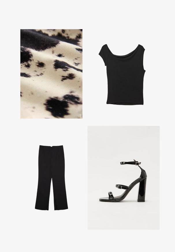 Baumwollstoff mit einem cremefarbenen Grund und unregelmäßigen schwarzen Flecken; glatte Textur mit leichtem Glanz, der den Kontrast der Muster hervorhebt.; Schwarzes Kurzarmoberteil aus glattem Stoff; hat einen drapierten Ausschnitt und einen asymmetrischen Saum, mit einem figurbetonten Körper.; Schwarze Hose mit geradem Schnitt, ausgestattet mit Fronttaschen und Seitenschlitzen am Saum. Hergestellt aus weichem, glattem Stoff. Geeignet für verschiedene Anlässe.; Schwarze patentierte Sandalen mit Absatz, quadratischer Spitze, Knöchelriemen und silbernen Schnallen. Mit einem stabilen Blockabsatz für mehr Stabilität.