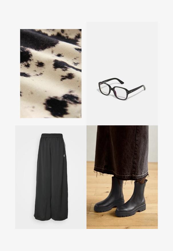 Cotton fabric featuring a cream base with irregular black spots; smooth texture with a slight sheen, highlighting the contrast in patterns.; Two long-sleeve turtleneck tops, one white and one black, made of a smooth, stretchy fabric, both featuring slim-fitting design and high collars.; Black loose-fitting track pants made of smooth fabric. Features an elastic waistband and side stripes with logo accents.; Black leather ankle boots with elastic side panels, a chunky rubber sole, and a rounded toe, paired with a dark, frayed denim skirt.; Black rectangular glasses with clear lenses, featuring rounded edges and side accents, with a glossy finish on the frame and arms.; Black leather hobo bag with a soft, curved shape. Features a wide top handle and gathers at the base for a slouchy texture.
