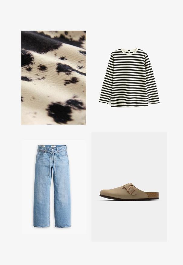Baumwollstoff mit einem cremefarbenen Grund und unregelmäßigen schwarzen Flecken; glatte Textur mit leichtem Glanz, der den Kontrast der Muster hervorhebt.; Langärmliges Baumwoll-T-Shirt mit schwarz-weißen horizontalen Streifen, Rundhalsausschnitt und weicher Textur. Keine sichtbaren Beschläge oder Akzente.; Hellblaue Jeans im weiten Schnitt mit hoher Taille, Knopf- und Reißverschluss sowie einer Kordelzugdetails an der Taille. Roh geschnittener Saum.; Beige Clogs mit einer abgerundeten Zehenpartie, verstellbarem Schnallenakzent und Korkfußbett. Strukturierte Oberfläche mit einer schwarzen Gummisohle für besseren Halt.