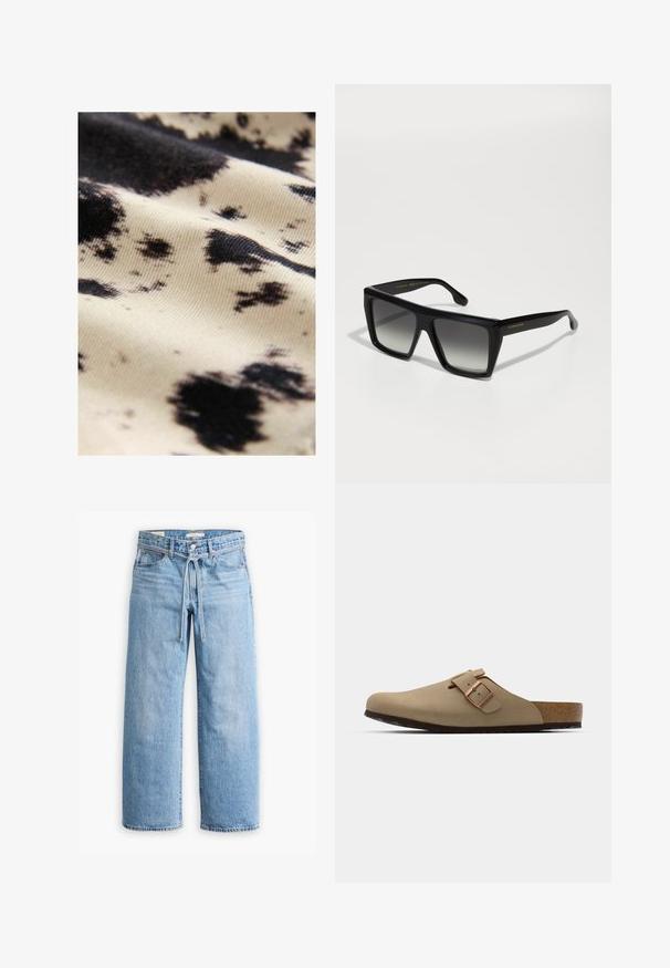 Baumwollstoff mit einem cremefarbenen Grund und unregelmäßigen schwarzen Flecken; glatte Textur mit leichtem Glanz, der den Kontrast der Muster hervorhebt.; Langärmliges Baumwoll-T-Shirt mit schwarz-weißen horizontalen Streifen, Rundhalsausschnitt und weicher Textur. Keine sichtbaren Beschläge oder Akzente.; Hellblaue Jeans im weiten Schnitt mit hoher Taille, Knopf- und Reißverschluss sowie einer Kordelzugdetails an der Taille. Roh geschnittener Saum.; Beige Clogs mit einer abgerundeten Zehenpartie, verstellbarem Schnallenakzent und Korkfußbett. Strukturierte Oberfläche mit einer schwarzen Gummisohle für besseren Halt.; Schwarze übergroße quadratische Sonnenbrille mit Verlaufslinsen, dicken Rahmen und goldener Markierung an den Schläfen. Glattes Kunststoffmaterial.