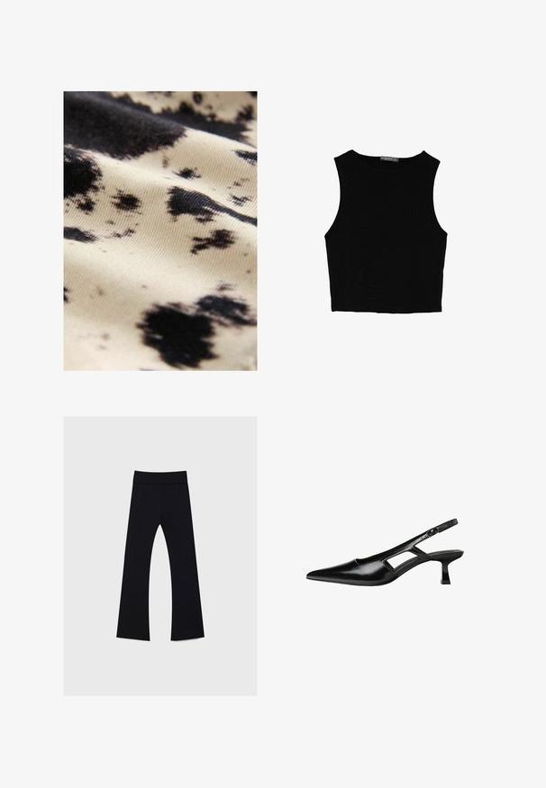 Cotton fabric featuring a cream base with irregular black spots; smooth texture with a slight sheen, highlighting the contrast in patterns.; Black sleeveless crop top made of smooth fabric, featuring a round neck and a clean, simple design without patterns or hardware.; Black yoga pants with a high waistband, made of stretchy fabric, featuring a flared leg design and smooth texture throughout.; Black patent leather slingback heels with a pointed toe, cut-out side design, and a small square heel. Smooth texture with minimal accents.