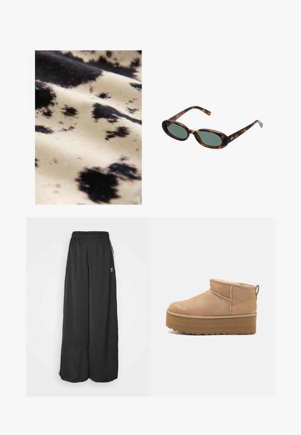 Tejido de algodón con una base crema y manchas negras irregulares; textura suave con un ligero brillo, resaltando el contraste en los patrones.; Tres camisetas de manga larga en azul claro, negro y blanco. El diseño presenta un cuello redondo y una textura de tela suave y ligera.; Pantalones de chándal negros de corte holgado, fabricados en un tejido suave. Cuentan con una cintura elástica y rayas laterales con acentos de logo.; Botas de tobillo de ante beige con un interior suave, que cuentan con una suela tipo plataforma y una lengüeta en la parte posterior para ponérselas fácilmente. Suela de goma texturizada.; Gafas de sol de carey con montura ovalada y lentes verdes. Presentan brazos delgados con un detalle metálico cerca de las bisagras.; Even&Odd Bolso shopping - black