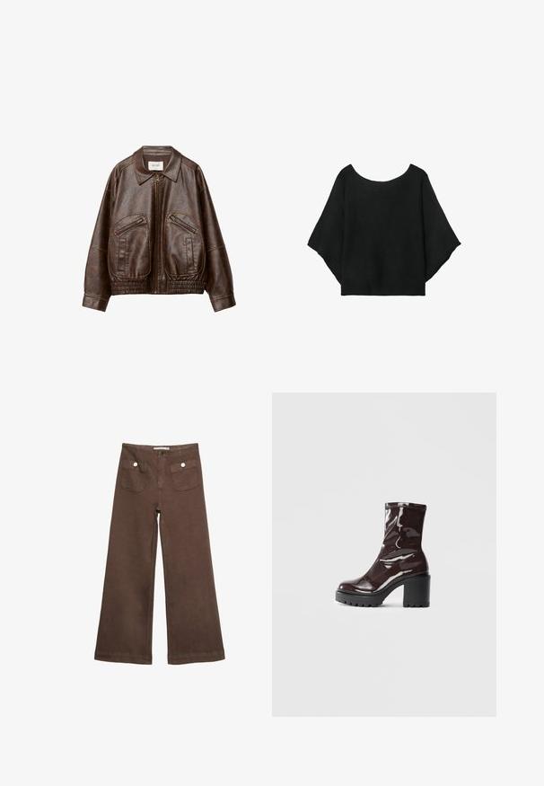 Braune Kunstleder-Bomberjacke mit einem Frontreißverschluss, zwei schrägen Reißverschlusstaschen, weitem Kragen und gerafftem elastischen Bund.; Schwarzes gestricktes Oberteil mit weit geschnittenen Ärmeln, einem runden Halsausschnitt und einer lockeren Passform. Der Stoff hat eine gerippte Textur, ohne Verschlüsse oder Muster.; Braune weit geschnittene Hosen aus Baumwolle, mit zwei Fronttaschen mit silbernen Knöpfen und einer glatten Textur.; Glatte bordeauxrote Ankle Boots mit einem klobigen schwarzen Absatz, die eine glatte Oberfläche und ein einfaches Design aufweisen. Keine sichtbaren Verschlüsse oder Muster.