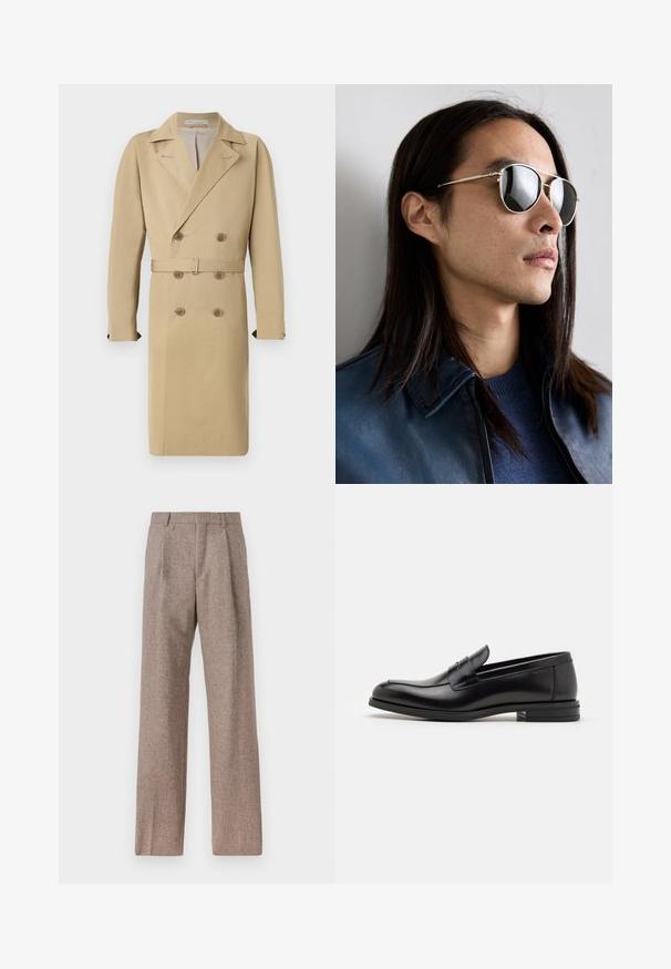 Bežs divrindu mētelis ar jostu viduklī, izdobjiem atloka galiem un pogu akcentiem, kas izgatavots no gludas, vieglas auduma.; Balts garo piedurknēm krekliņš ar pogām, izgatavots no kokvilnas, ar krūšu kabatu ar tonālu izšuvumu, apkakli un pogām pie piedurknēm.; Brūni, augstos šortos izgatavoti no teksturēta auduma. Iezīmē plašas kājas un divas priekšējās krokas, kas nodrošina struktūru. Kārtīga apdare bez redzamām detaļām.; Melnas ādas kurpes ar gludu tekstūru, noapaļu purngalu un dekoratīvu siksniņu pāri priekšpusei. Zems sakrauts papēdis, minimālisma dizains.; Metāla saulesbrilles ar atstarojošiem stikliem, aviatora formā, sudraba rāmī un detaļām uz tempļa. Valkātas ar zilu džemperi un jaku.