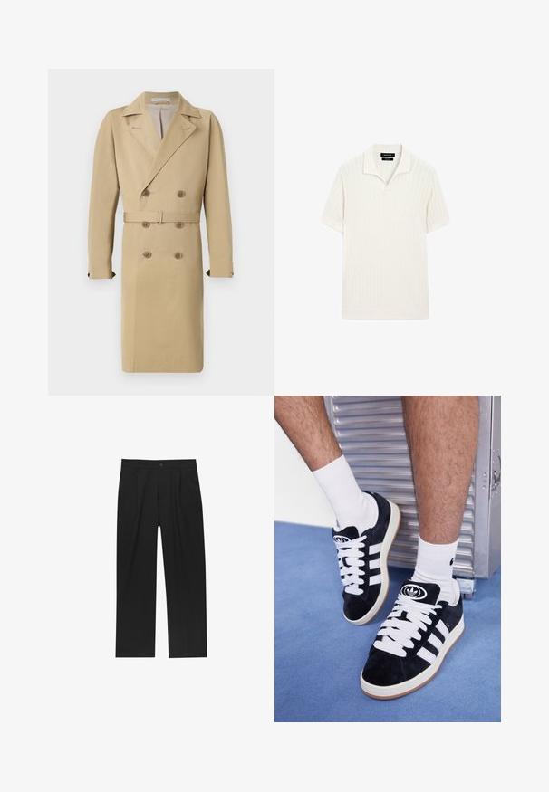 Beżowy podwójnie zapięty trencz z paskiem w talii, klapami z wycięciem i guzikami, wykonany z gładkiego, lekkiego materiału.; Koszulka polo z krótkim rękawem w kolorze kremowym, o ryżowym splocie i płaskim kołnierzyku. Posiada prosty dół oraz miękki materiał dla wygody.; Czarne spodnie o prostym kroju, wykonane z gładkiego materiału. Posiadają zakładki z przodu i pojedyncze zapięcie na guziki w pasie.; Czarne zamszowe sneakersy z białymi sznurówkami i trzema białymi paskami. Posiadają okrągłe czarne logo na języku i gumową podeszwę.