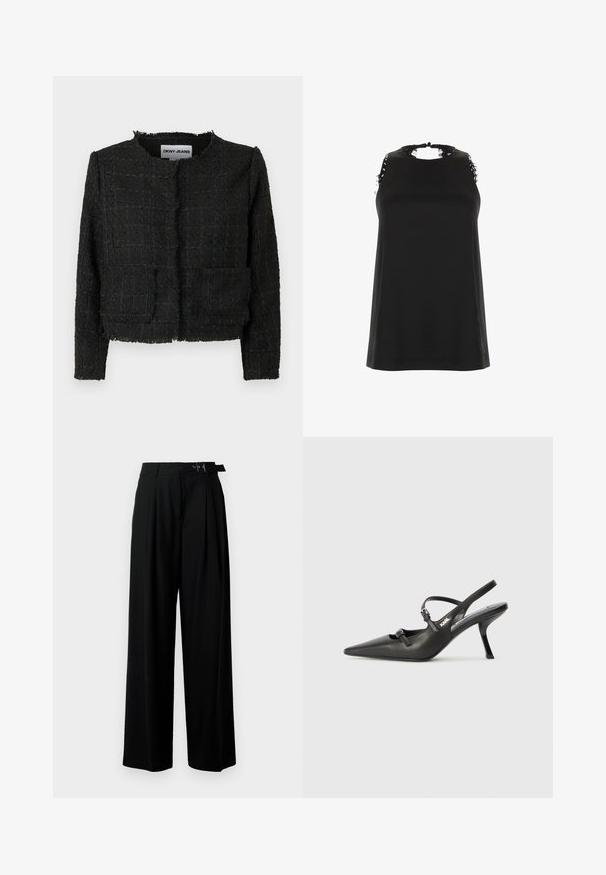 Črna tkanina jakna z teksturirano površino, strgani robovi in dvema sprednjima žepoma. Ima okroglo ovratnico in odprto sprednjo zasnovo.; Črna brezrokavnica z visokim ovratnikom, ki vključuje raztrgane čipkaste detajle na rameni in gladko, mehak material.; Črne široke hlače z visokim pasom, gubami spredaj in pasom z zaponko. Narejene so iz gladkega, lahkega materiala.; Črne usnjene sandale na peto s koničastim nosom, vitko peto in okrasno zaponko na sprednjem delu. Gladka tekstura in eleganten dizajn.