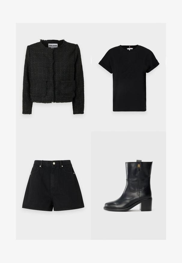 Black woven jacket with a textured finish, frayed edges, and two front pockets. Featuring a round neckline and open front design.; Black cotton t-shirt with rolled short sleeves, featuring an embossed logo in the center and a small flag accent on the side.; Black denim shorts with a high waist, five pockets, silver hardware, and a standard fit, featuring a smooth texture and clean finishing.; Black leather mid-calf boot with block heel and gold "TH" logo on pull tab against white background.