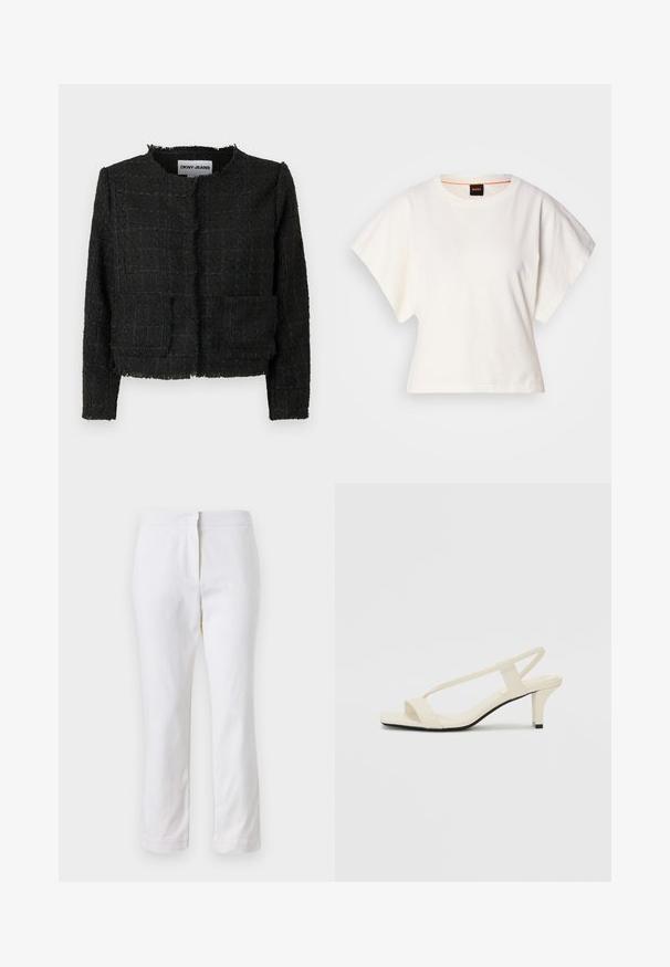 Mustmustelöngitud jakk tekstuuriga viimistlusega, kulunud servadega ja kahe esirikkiga. Ümmarguse kaelusega ja avatud esiosa disain.; Valge lühikeste laiadte varrukatega lühike T-särk, pehme puuvillane materjal, ümar kaelus kergelt oranži ääristusega, minimaalne disain, ilma mustrite ja graafikateta.; Valged puuvillased püksid sirge lõikega, keskmise kõrgusega vöökoht ja ilma nähtavate detailide või mustriteta. Ühtlane sile tekstuur.; Beez blok-kandadesed õhukeste rihmadega ja ruudukujulise varbaga. Sile materjal minimaalsete detailidega, kujundatud mugavaks kandmiseks.