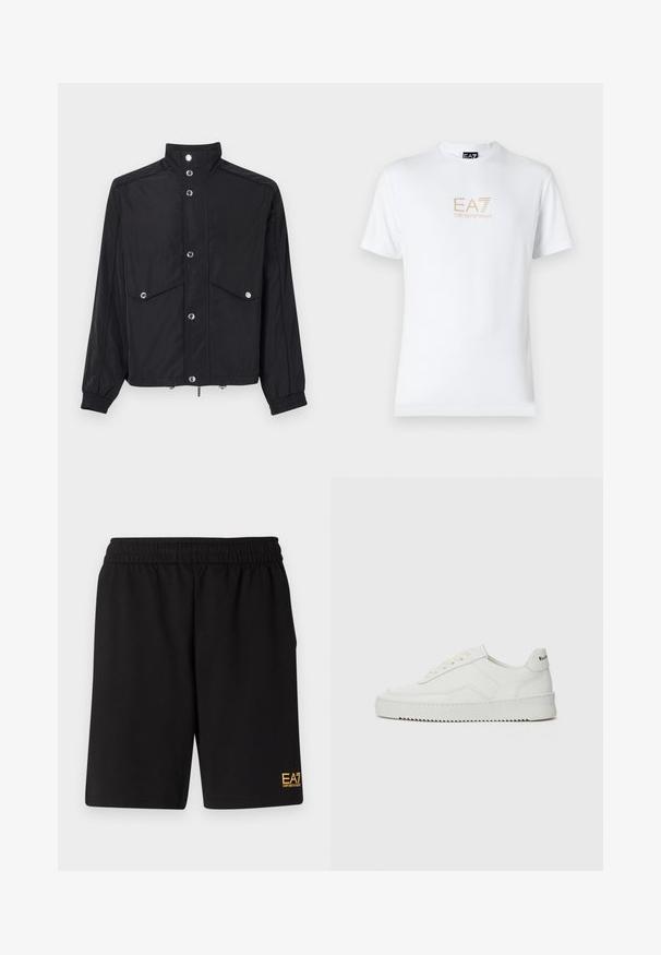 Črna jakna iz sijoče tkanine, z ovratnikom za stoječe, dvema sprednjima žepoma, zapenjanjem na gumb in elastičnimi manšetami. Srebrni kovinski detajli.; Bela bombažna majica s krožnim izrezom in kratkimi rokavi, s pozlačenim logotipom EA7 Emporio Armani natisnjenim spredaj.; Črne športne kratke hlače iz mehkega blaga, z elastičnim pasom in majhnim rumenim logotipom EA7 na spodnjem levem delu noge.; Bela usnjena športna obutev z gladko površino, okroglo prst, ravne vezalke in teksturiran podplat. Ima diskretno logo na peti.