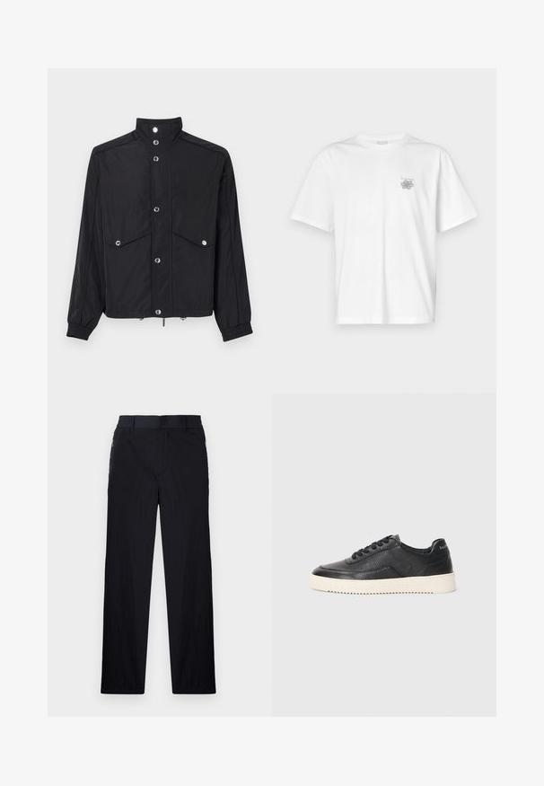 Crna jakna od sjajnog materijala, sa stojećim ovratnikom, dva prednja džepa, zatvaranjem na dugmad i elastičnim manžetama. Akcenti od srebrnog hardvera.; Bijela majica od pamuka s kratkim rukavima, okruglim izrezom i malim sivim logotipom na lijevoj strani prsnog područja. Glatka tekstura.; Crne hlače od lagane, teksturirane tkanine, ravnog kroja, s elastičnom gumicom u struku i bočnim džepovima sa zatvaračem.; Crne kožne tenisice s teksturiranim završetkom, okruglim vrhom i ravnim bijelim gumenom potplatom. Karakteriziraju ih crne vezice i branding na peti.