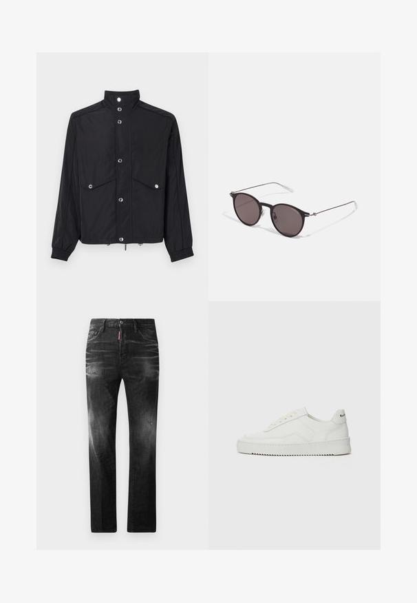 Sort jakke lavet af blankt stof, med stående krave, to frontlommer, knaplukning og elastiske manchetter. Sølvfarvede metaldele.; Sort bomulds T-shirt med rund halsudskæring, korte ærmer og "EMPORIO ARMANI" logo i hvid over "Milano" i et buet design.; Sorte denim jeans med lige pasform. Har falmede områder, mindre slid, klassisk fem-lommer design og knaplukning.; Hvide lædersneakers med en glat overflade, rund tå, flade snørebånd og en tekstureret sål. Har et diskret logo på hælen.; Sorte runde solbriller med mørke linser og slanke metalarme. Inkluderer klare tempeltips og sølvdetaljer ved hængslet. Minimalistisk design.