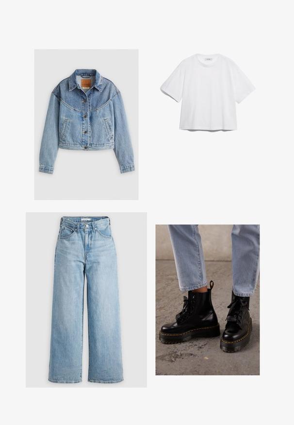 Vaaleansininen farkkutakki, jossa on kauluspanta, nappisuljenta, rintatasku ja hieman lyhennetty malli. Huomattavaa haalistumista ja kulutusta.; Valkoinen puuvillapaita, jossa on lyhyet hihat, pyöreä kaula-aukko, rento istuvuus ja ei näkyviä kuvioita tai graafisia elementtejä. Sujuva pinta ja yksinkertainen muotoilu.; Vaaleansiniset leveälahkeiset farkut korkean vyötärön kanssa, valmistettu denimpaketista. Ominaisuuksiin kuuluu klassinen viiden taskun muotoilu ja metalliset yksityiskohdat.; Mustat nahkasaappaat nilkkapituisilla, paksuilla pohjilla, pyöreällä kärjellä, nauhoilla ja keltaisilla ompeleilla, sekä vetotapilla takana.