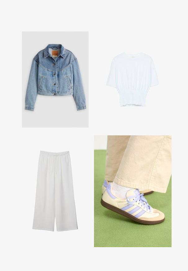 Ljusblå denimjacka med krage, knappstängning, bröstficka och en något kortare passform. Tydlig blekning och slitage.; Vit kortärmad t-shirt med avslappnad passform och smockad textur vid midjan. Tillverkad av mjukt, lätt material.; Vita vida byxor i lätt tyg med elastisk midja och dragsko för justerbar passform. Mjuk textur.; Krämfärgade och lavendelfärgade sneakers med tre ränder och en texturerad brun sula, med snören och en vadderad häl. Mjuk tygobero.