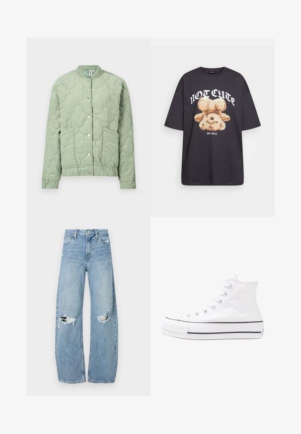 Vadderad bomberjacka i ljusgrön med rundad krage, tryckknappsstängning, två framfickor samt elastiska muddar och nederkant.; Svart oversized t-shirt med en grafik av en björn och texten "INTE SÖT MEN VILD" i fet, vit lettering. Tillverkad av bomull.; Ljusblå, högmidjade jeans i denim. Har vida ben, två slitna knäområden och klassisk femfickedesign.; Vit hög topp canvas sneaker med svart gummisulan, framsidan gummitåhätta och sex öglor för snören, med en ren, minimalistisk design.