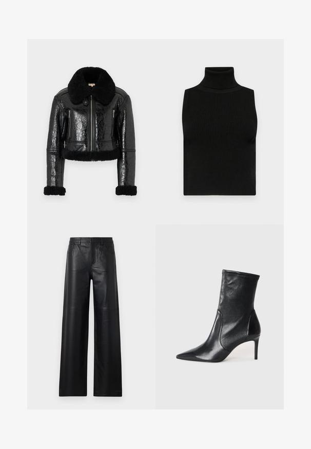 Fekete, rövidített dzseki fényes felülettel, műszőrme gallérral és mandzsettákkal. Fém cipzárral és két oldalsó zsebbel rendelkezik. Strukturált felületű részlet.; Fekete ujjatlan garbó felső bordázott textúrával és testhezálló kialakítással. Simó anyag, magas nyakkal és további díszítések nélkül.; Széles szárú fekete bőrnadrág sima textúrával, elülső zsebekkel, gombos zárással és finom varrással.; Fekete bokacsizmák sima bőrből, hegyes orral, illeszkedő sínnel és karcsú, magas sarokkal. Minimalista dizájn, amelyen nincs látható fém munka.