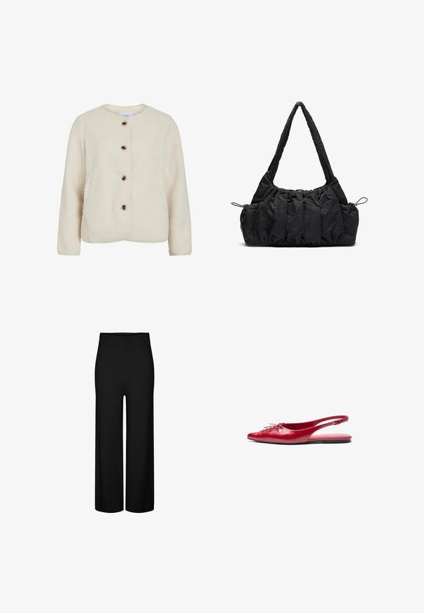 Fleecejakke i off-white, med rund hals, fire brune knapper og lange ermer med en myk teksturfinish.; Beige strikkegenser med ribbet høy hals, mansjetter og kant, med svart whipstitch-detaljering på skuldrene og øverste ermer.; Sorte vide benbukser med en elastisk midjebånd, med en glatt tekstur og ingen synlige mønstre eller detaljer.; Rød lær slingback leplesko med spiss tå og dekorativ snøring foran, med en smal ankelrem og flat såle.; Svart stoffhåndveske med rynket tekstur, to skulderstropper og snøring på sidene. Glatt, lett materiale.