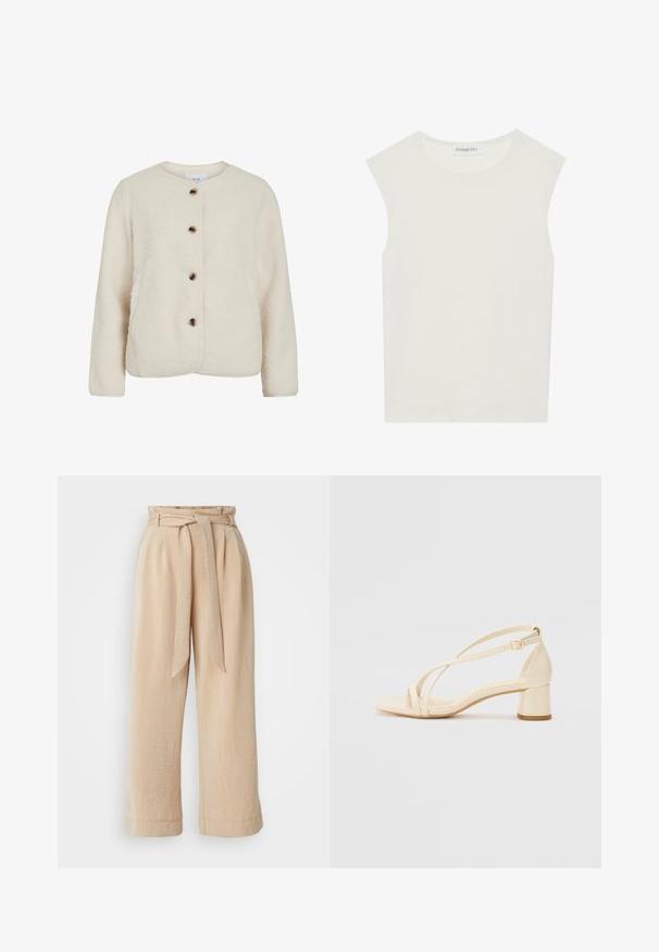 Jachetă din fleece de culoare albă, cu guler rotund, patru nasturi maro și mâneci lungi cu o textură moale.; Top alb fără mâneci, cu decolteu rotund. Fabricat dintr-un material neted, prezintă o croială lejeră și un design minimalist. Fără modele sau accente.; Pantaloni bej cu croi larg, cu talie belcimetru, fabricați dintr-un material texturat. Au un pliu frontal și o finisare netedă la margine.; Sandale cu toc bej, cu toc pătrat, design cu barete și curea la gleznă ajustabilă, realizate dintr-un material sintetic neted cu finisaj mat.