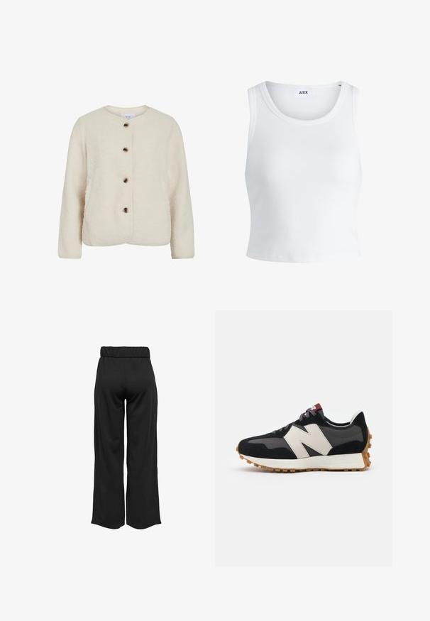 Casaco de fleece em off-white, com um decote redondo, quatro botões castanhos e mangas longas com um acabamento suave texturizado.; Top curto branco com nervuras, apresentando um decote redondo, design sem mangas e um comprimento cropped. Rótulo lê "JJXX." Textura de tecido suave.; Calças largas e pretas com uma cinta elástica, feitas de um tecido suave. Apresentam um design limpo, sem bolsos ou detalhes de costura visíveis.; Sneaker em camurça preta e cinza com um grande logótipo "N" creme, cordões roxos e uma sola de borracha texturizada em cor de goma.