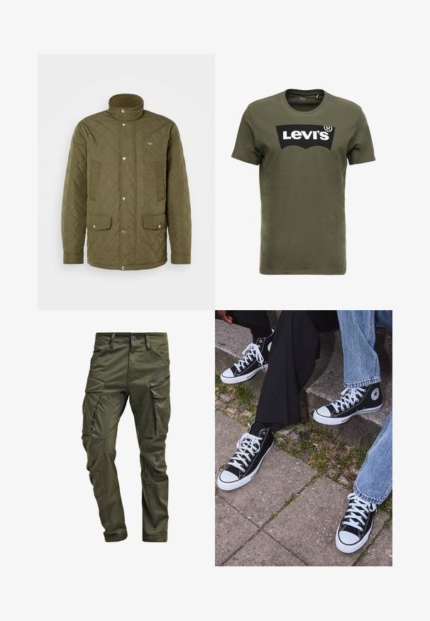Alyvų žalios spalvos siuvinėtas džemperis su aukštu apykakle, užsegamais mygtukais ir dviem priekinėmis kišenėmis. Medžiaga turi glotnią tekstūrą su deimanto rašto siuvinėjimu.; Olive spalvos medvilnės marškinėliai su dideliu juodu „Levi's“ logotipu priekyje. Klasikinis apvalus kaklas ir trumpi rankovės, glotni tekstūra.; Olive spalvos cargo kelnės, pagamintos iš tvirto medvilnės. Yra keletas kišenių, šonu užtraukiama kišenė ir siaurėjančios kojos su šiek tiek tekstūruotu paviršiumi.; Juoda aukšta avalynė iš kanvos su baltais guminiais padais ir raišteliais, su apvaliu logotipu šone, derinama su džinsais ir juodomis kelnėmis.