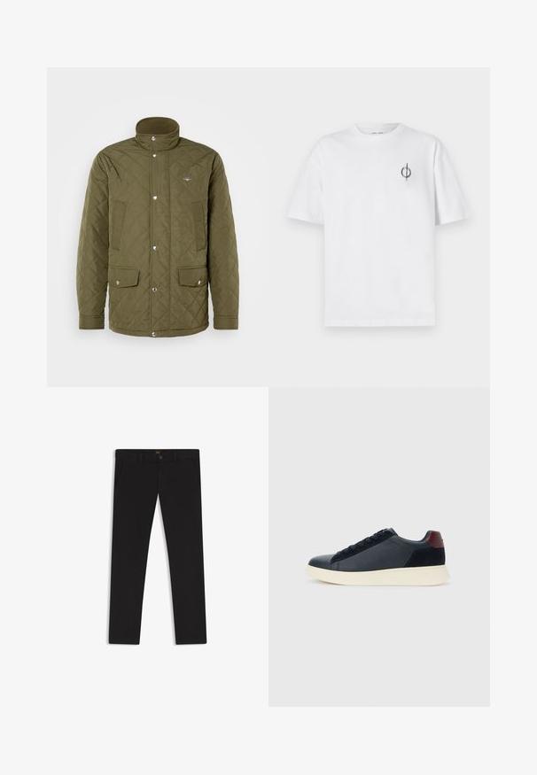 Olive green quilted jacket with a high collar, snap buttons, and two front pockets. The fabric has a smooth texture with diamond pattern stitching.; White cotton t-shirt with a relaxed fit, featuring a small black graphic logo on the left chest area. Short sleeves, crew neck style.; Black trousers made of fabric with a smooth texture. Features a button closure, belt loops, and side pockets. Standard straight-leg design.; Low-top men's sneaker in black leather and suede with maroon heel tab and white rubber sole, viewed from the outer side.