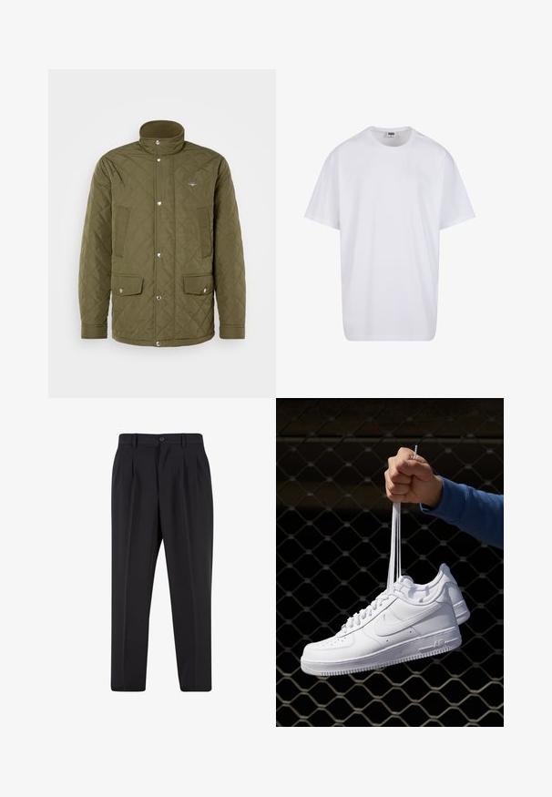 Olivovo zelená prešívaná bunda s vysokým golierom, cvokmi a dvoma prednými vreckami. Tkanina má hladkú textúru s prešívaním do diamantu.; Biela bavlnená tričko s krátkymi rukávmi, okrúhlym výstrihom, uvoľneným strihom a žiadnymi viditeľnými logami alebo vzormi. Hladká textúra a minimálny dizajn.; Čierne nohavice s plisovaným predným dizajnom, vyrobené z hladkej látky. Majú zapínanie na gombík a pútka na opasok; rovný strih.; Biele kožené tenisky s perforáciami, okrúhlou špičkou, plochou podrážkou a hrubými šnúrkami, pričom majú viditeľné logo swoosh a nápis "AIR" na päte.