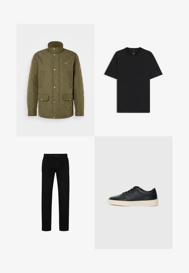 Olijfgroene gewatteerde jas met een hoge kraag, drukknoopsluiting en twee voorzakken. De stof heeft een soepele textuur met een ruitjespatroon.; Zwarte korte mouwen T-shirt van een gladde katoenmix, met een ronde halslijn en een minimalistisch ontwerp zonder patronen of accenten.; Zwarte katoenen broek met een rechte pasvorm, voorzien van een knoopsluiting, riemlussen en een minimalistisch ontwerp. Glad van structuur, zonder patronen.; Zwarte leren sneaker met lage schacht, zwarte veters en off-white zool, weergegeven in zijprofiel op een witte achtergrond.