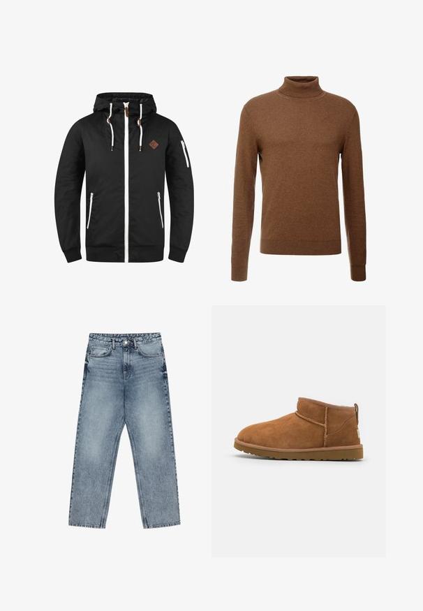 Musta kevyt takki, jossa on vetoketjullinen etuosuus, säädettävä huppu, valkoiset yksityiskohdat, sivutaskut ja ruskea nahkalogo.; Ruskea pusero, jossa on korkea kaulus, pehmeää kangasta, pitkät hihat, ribbaatut hihansuut ja kapea malli ilman näkyviä kuvioita.; Vaaleansiniset farkut, joissa on suora lahje, näkyvät tikkaus, viisi taskua ja napin suljenta vyötäröllä.; Vaaleanruskeat mokkasaappaat nilkkapituiset, joissa on pyöristetty kärki, hienovaraiset ommeltydet ja teksturoitu kumipohja. Lyhyt malli ilman nauhoja.