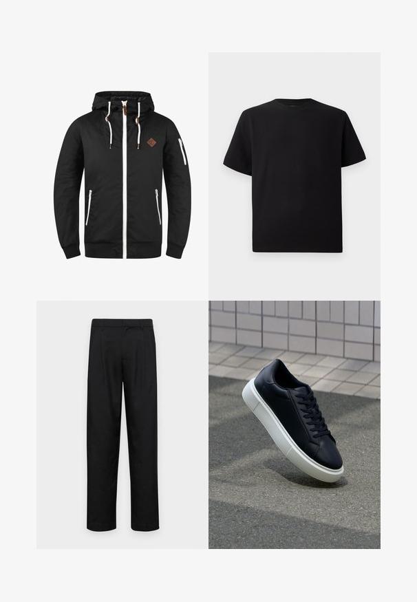 Must musta jope, millel on lukuga esitasku, reguleeritav kapuuts, valged aktsendid, küljetaskud ja pruun nahast logo märk.; Must have lühikeste varrukatega must T-särk, mis on valmistatud tekstuursetest materjalidest, ümmarguse kaelusega ja lõdva lõikega. Lihtne, ilma mustrite või aktsentideta.; Mustad mustadest riietest, millel on sirge jalgade disain, kaks eesmist voltimist ja tavaline vöökoht, millel on vöökohad.; Mustast nahast tennisetoss, millel on ümar nina ja valge kummist tall. Omab siredaid paelu ja minimaalset õmblemist ülemises osas. Tekstuuriga tald, mis tagab haakuvuse.