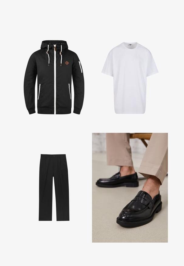Crna lagana jakna s patentnim zatvaračem, podesivim kapuljačom, bijelim detaljima, bočnim džepovima i smeškastom kožnom oznakom.; Bijela pamučna majica s kratkim rukavima, zaobljenim izrezom, opuštenog kroja, bez vidljivih logotipa ili uzoraka. Glatka tekstura i minimalni dizajn.; Crne hlače ravnog kroja, izrađene od glatkog materijala. Imaju prednje nabore i jedan dugme na struku.; Crne kožne mokasine s glatkom obradom, koje imaju dekorativnu traku i kontrastnu šav, u kombinaciji s bež hlačama.