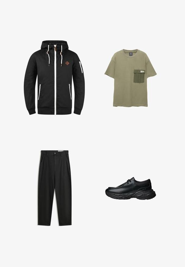 Zwarte lichtgewicht jas met een ritssluiting aan de voorkant, verstelbare capuchon, witte accenten, zijzakken en een bruin leren logopatch.; Olijfgroene t-shirt gemaakt van zachte katoen, met een rechthoekige zak in een donkerder groene tint met een tab en twee drukknoopjes.; Zwarte katoenen broeken met een losse pasvorm, voorzien van een klassieke tailleband, voorplooien en zijzakken. Gladde structuur zonder patronen.; Zwarte leren instapschoenen met een ronde neus en een dikke, gestructureerde rubberen zool. Bevat subtiele stiksels en elastische accenten bij de kraag.