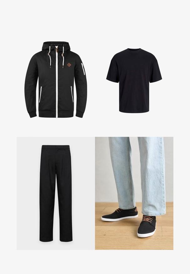 Giacca nera leggera con zip frontale, cappuccio regolabile, accenti bianchi, tasche laterali e un'etichetta in pelle marrone.; T-shirt in cotone nero con collo rotondo, maniche corte e vestibilità morbida. Texture liscia senza pattern o dettagli visibili.; Pantaloni neri realizzati in tessuto liscio, caratterizzati da un taglio dritto, due pieghe frontali e una vita standard con passanti per la cintura.; Sneaker nere in tela con dettagli marroni, suole in gomma bianca e lacci marroni, abbinate a jeans dritti azzurri. Sfondo in legno.