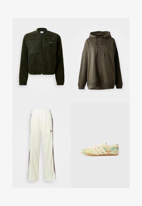 Zaļš flīsa džemperis ar rāvējslēdzēju priekšpusē, ribota apkakle un strukturēta virsma ar plakanu auduma uzlīmi un logo uz krūtīm.; Tumši olīvu zaļš kapuci džemperis, kas izgatavots no mīksta kokvilnas maisījuma, ar priekšējo kangaru kabatu, aizmugurē pull-viņas kapuci un reljefu logotipu uz krūtīm.; Krēma krāsas sporta bikses ar brīvu piegriezumu, ar tumši brūnām sānu svītrām un izšūtu logotipu kreisajā augšstilbā.; adidas Originals TOKYO X LIBERTY LONDON - Treniņu apavi - cream white/gold-coloured/gum